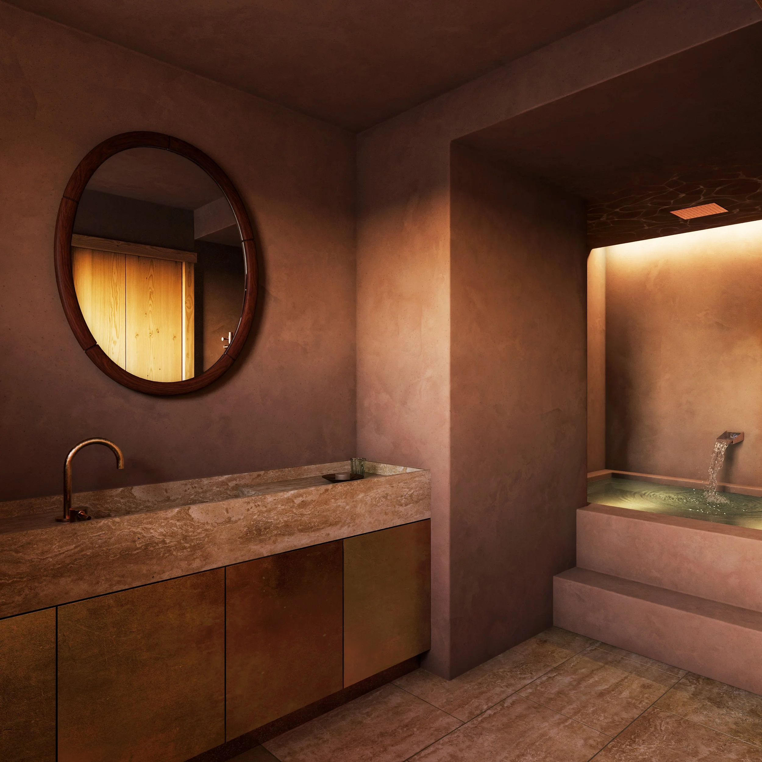 Modern bathroom with a large mirror above a marble sink and a soaking tub with a built-in waterfall faucet, warm beige tones, minimal decor.