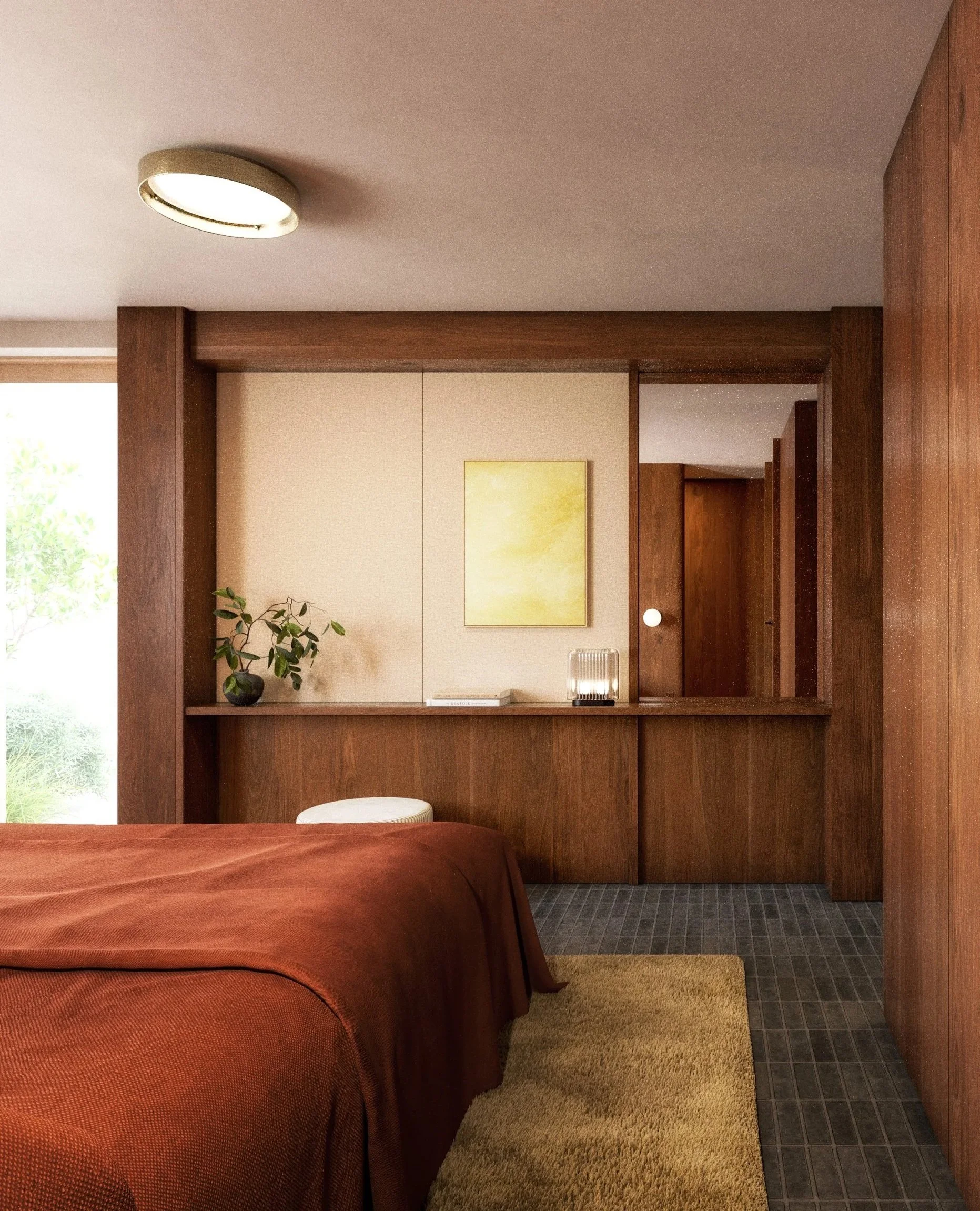 A bedroom with wooden walls and ceiling featuring a bed with a brown blanket, a window with greenery outside, a beige rug, and a built-in wooden shelving unit with a potted plant, a small lamp, and artwork.