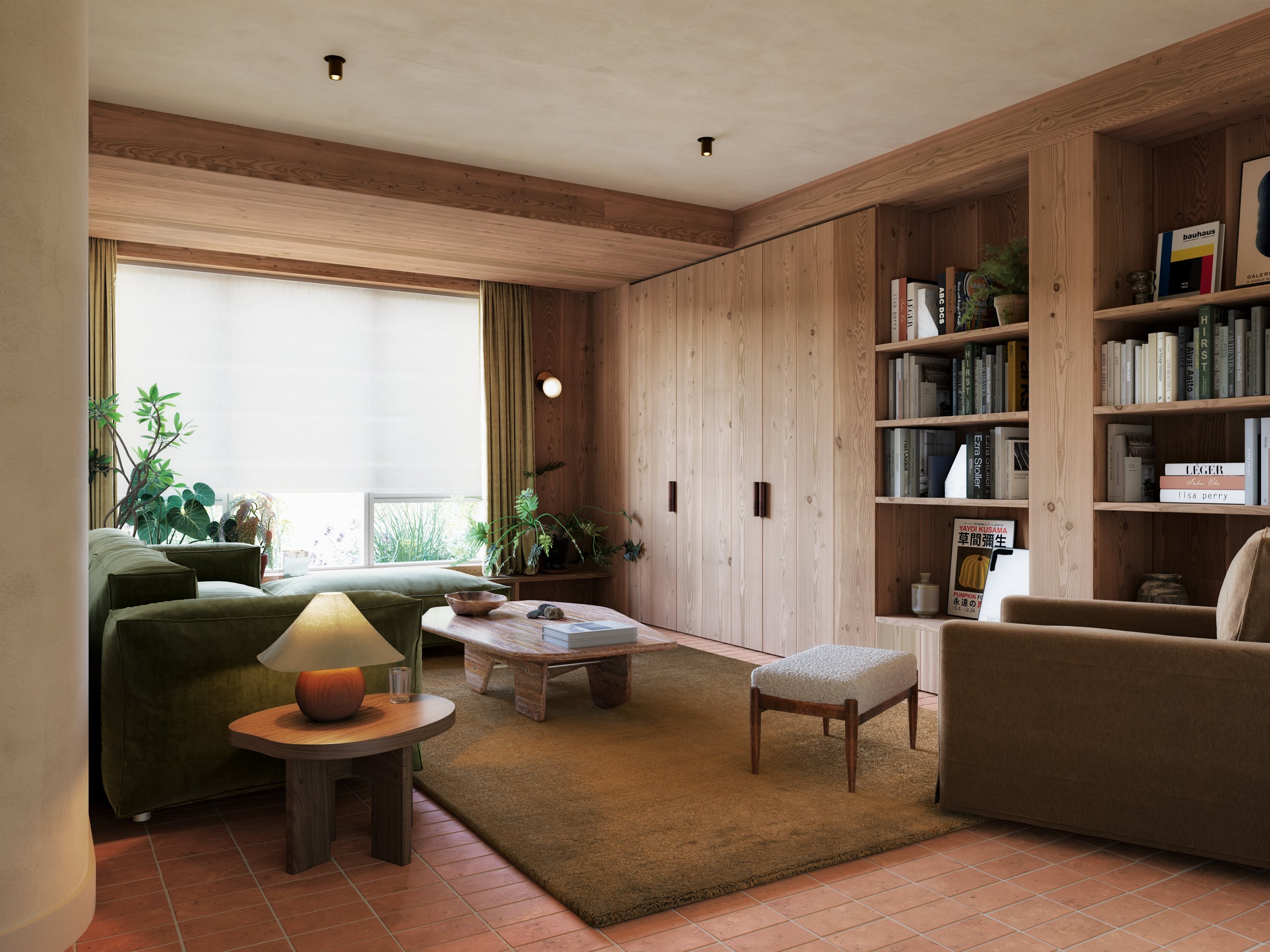 Living room with wooden walls, a large window with yellow curtains, green sofa, beige armchair, wooden coffee table, side table with lamp, bookshelf filled with books, and potted plants near the window.