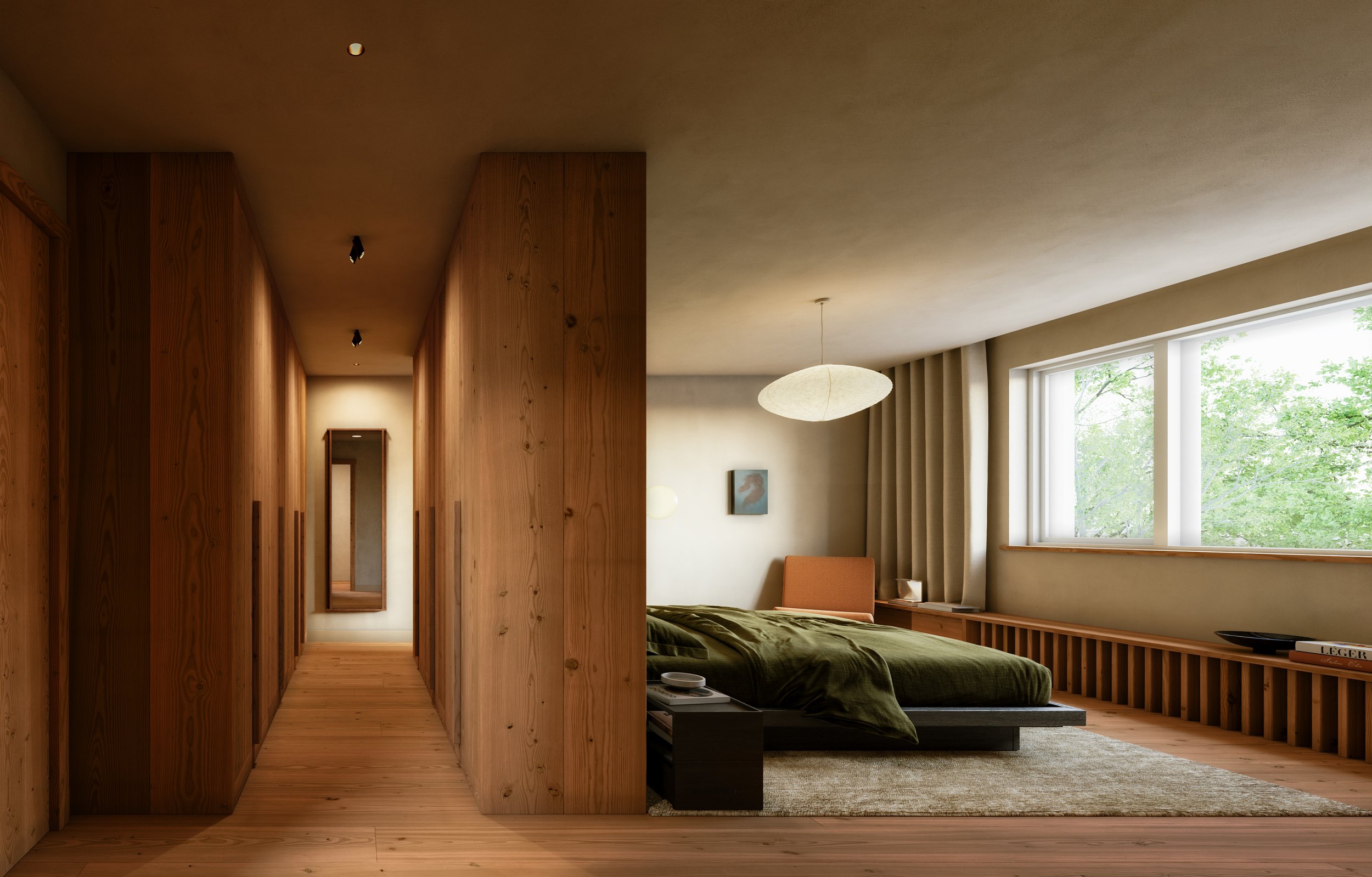 Modern bedroom with large window, wooden furniture, and green bedding.