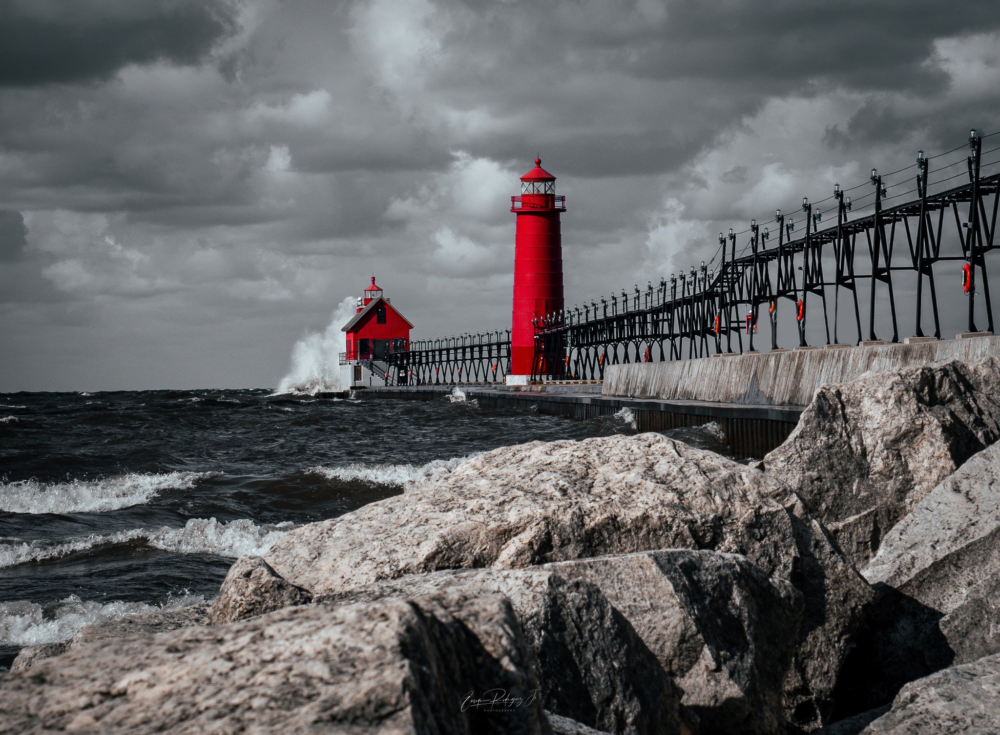 Gand Haven Lighthouse - Michigan, Gal Force Winds, Moody Fine Art Photography