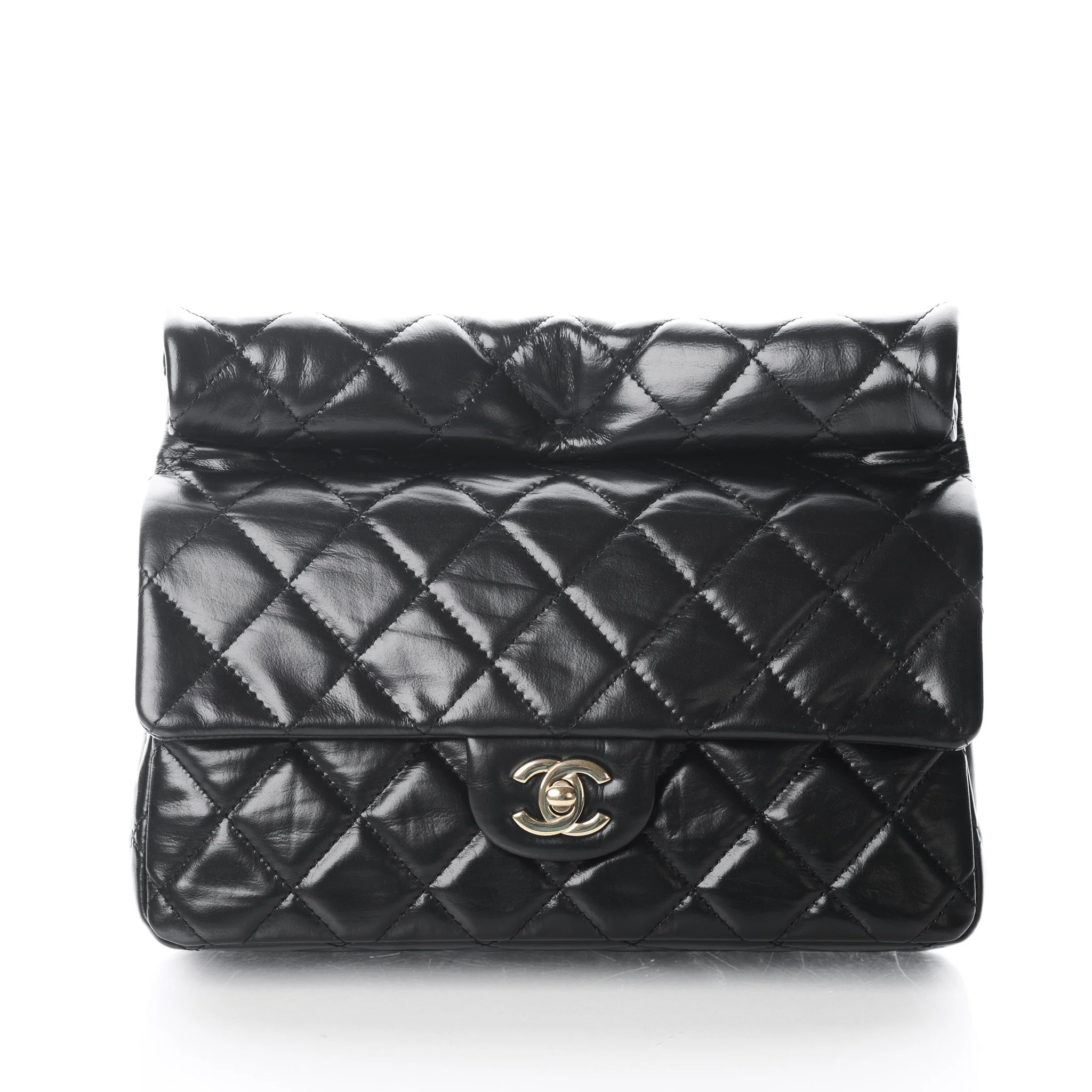 Chanel Quilted Roll Top Clutch Black Crumpled Calfskin Light Gold Hardware