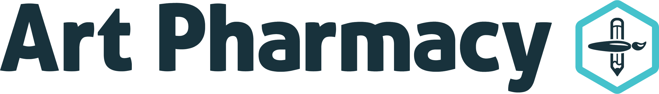 Logo with the text 'Art Pharmacy' and a graphic of a pill and a pencil crossed inside a hexagon.