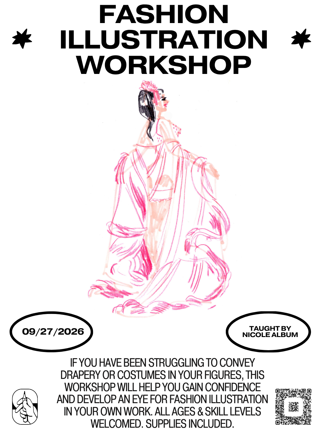 Flyer for a fashion illustration workshop featuring a sketch of a woman in a pink gown, with event details and instructor information.