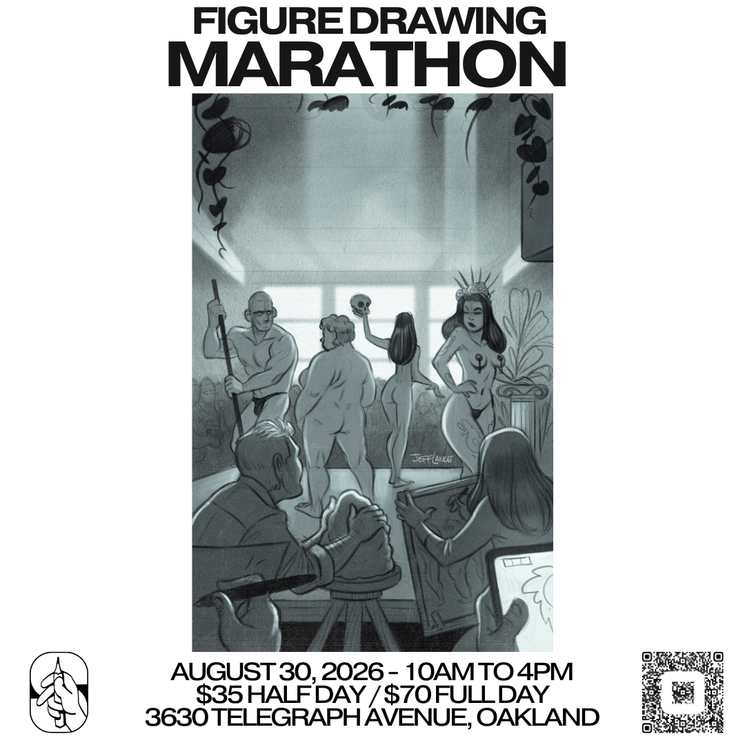 Black and white illustration of a figure drawing marathon event, showing models and artists, with event details including date, time, location, and pricing.