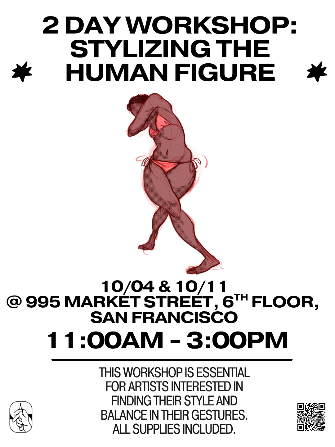 Poster for a two-day workshop on human figure styling featuring an artistic sketch of a woman in a pose, with details about dates, location, time, and description of the workshop.