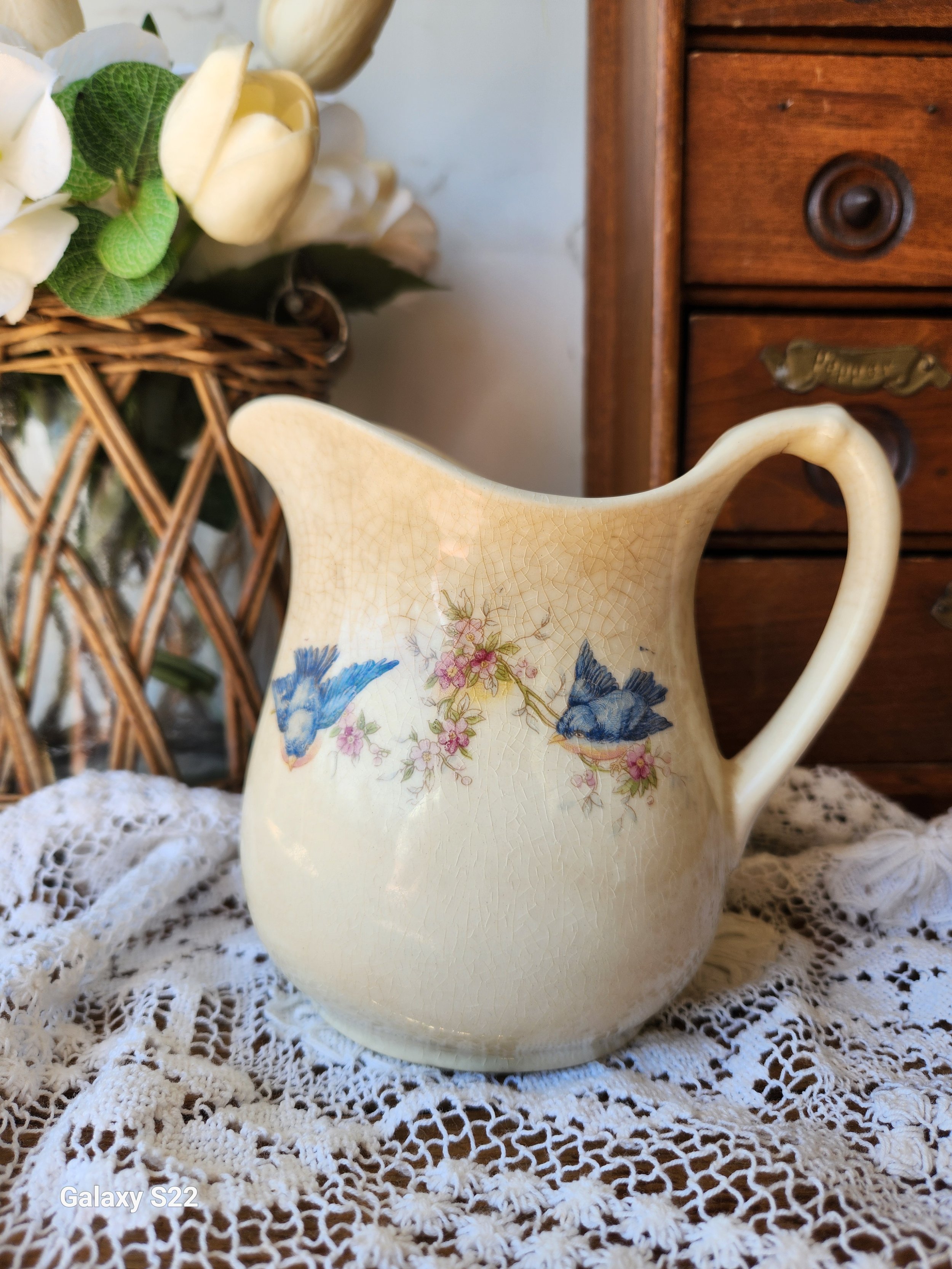 Rare Antique Blue birds Ironstone pitcher