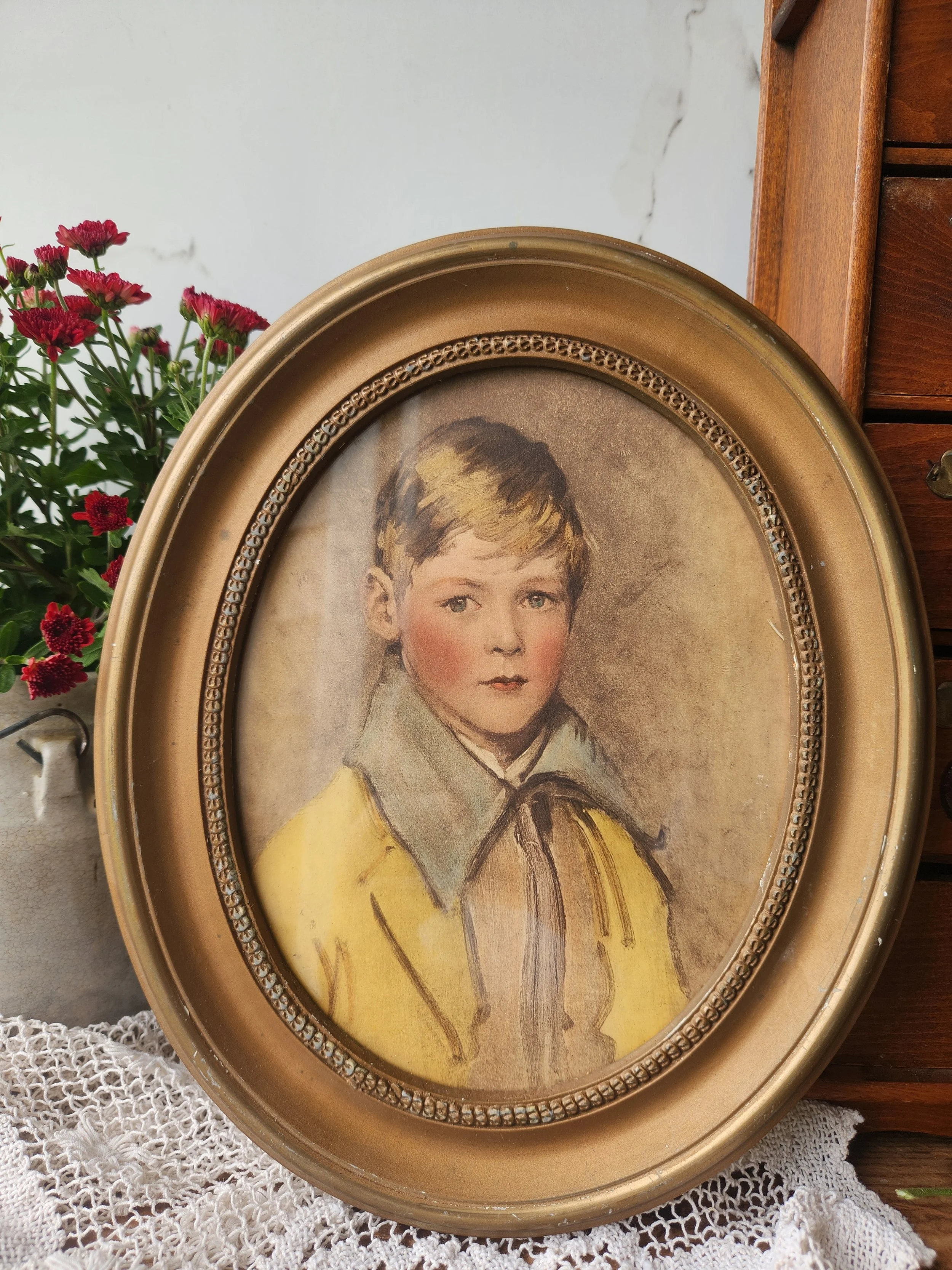 Vintage Print framed in antique wood frame with glass