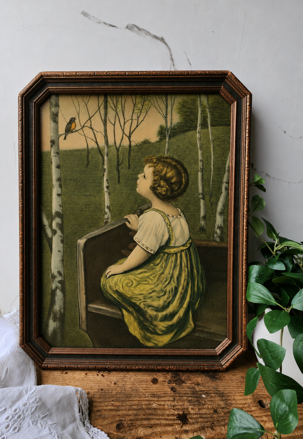 Antique blue birds print framed in antique frame with glass