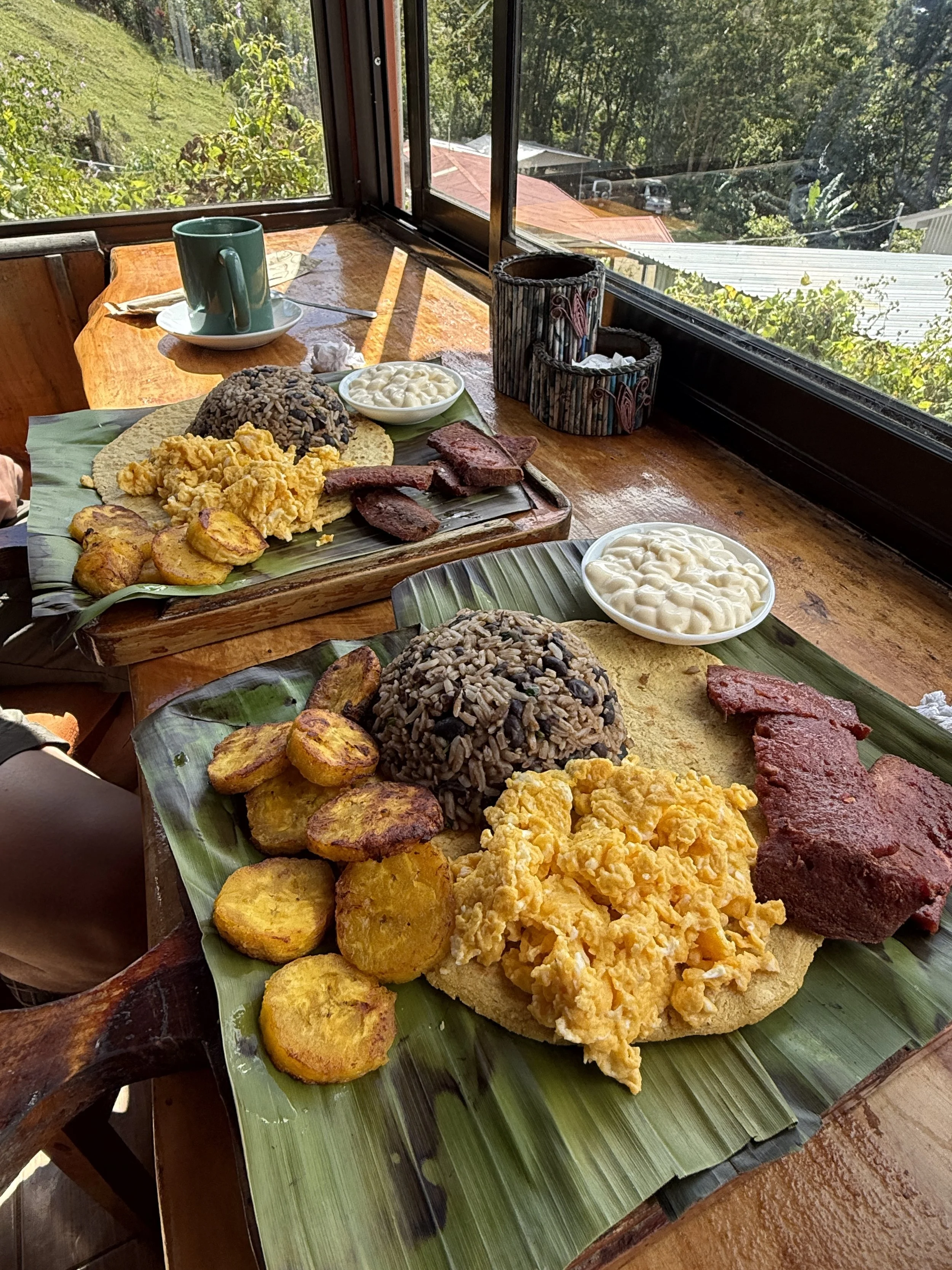 Typical Costa Rican Breafast of Gallo Pinto, Sausage, Eggs, Plaintains and Natilla