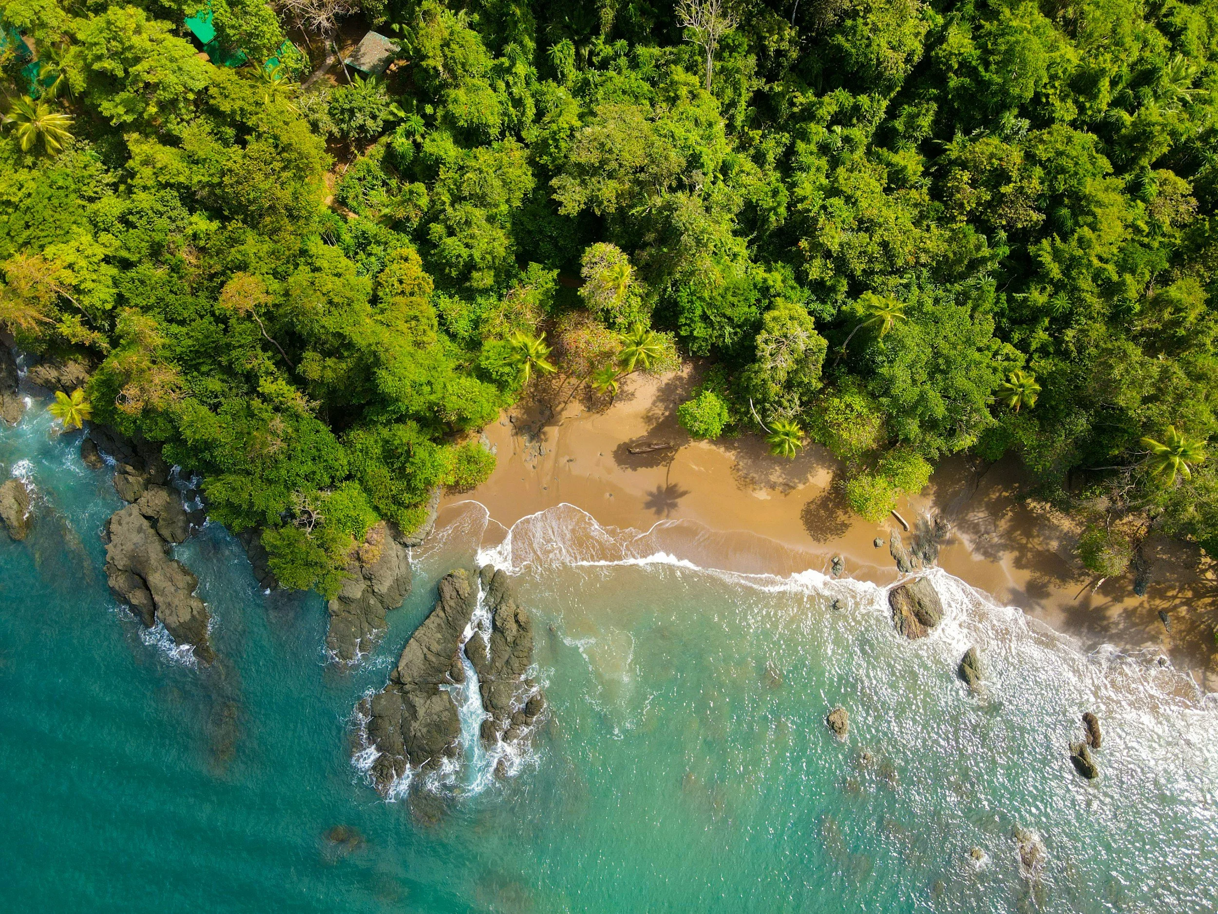 Clear blue waters of Drake Bay from above.