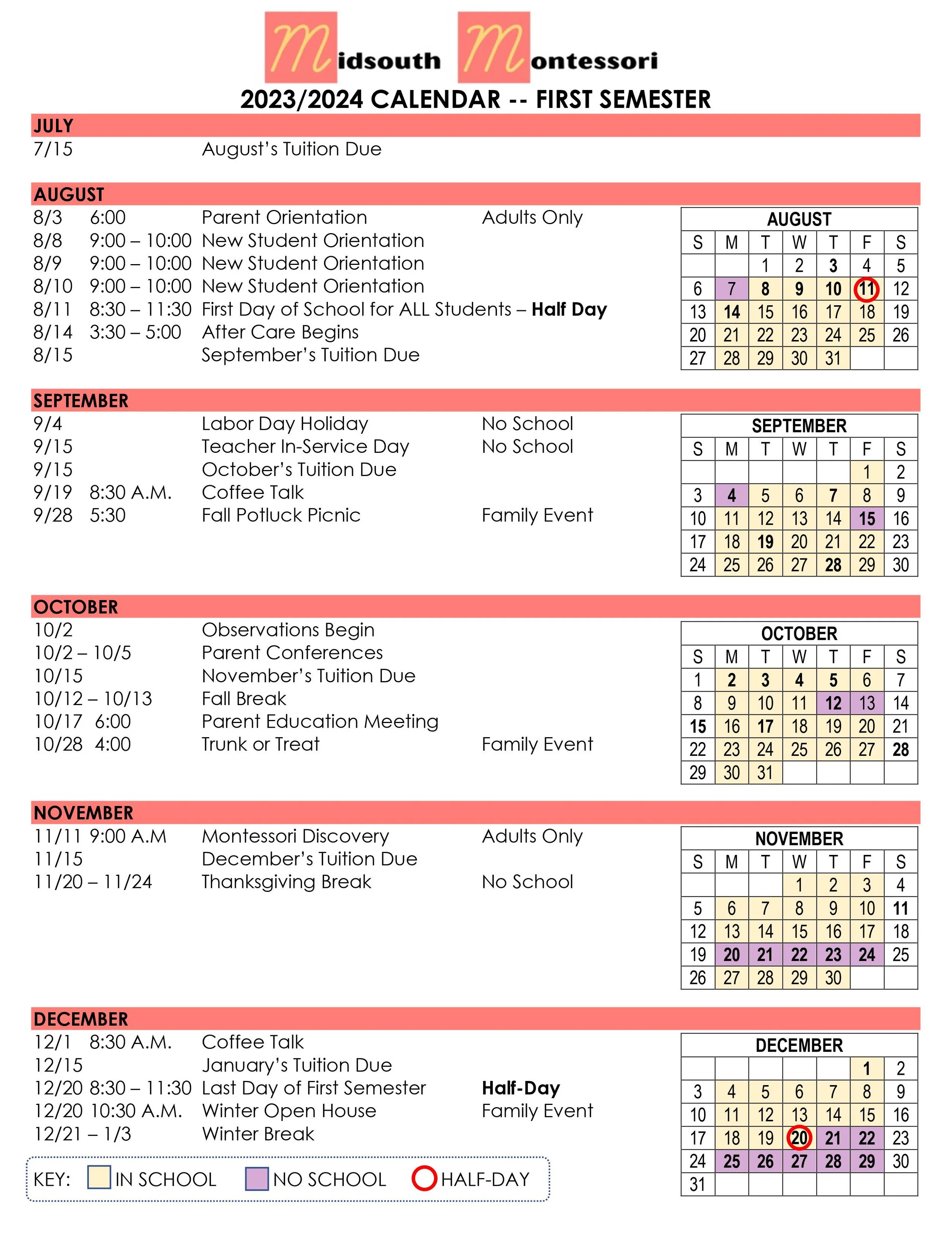 2022/2023 Academic Calendar — Midsouth Montessori Center