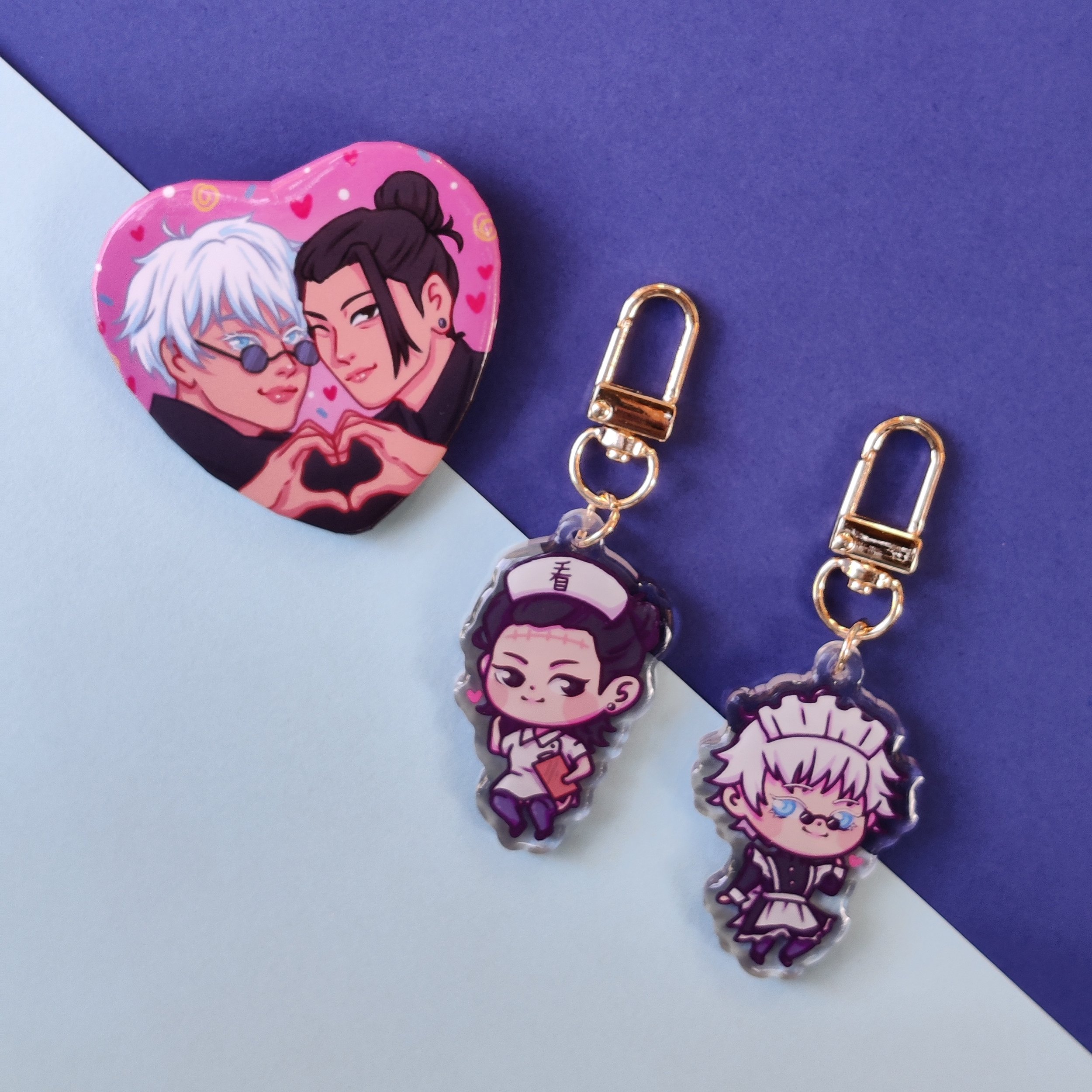 Satosugu charms + badge