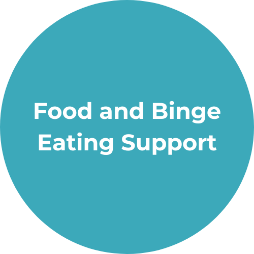 Blue circle with white text that reads "Food and Binge Eating Support".