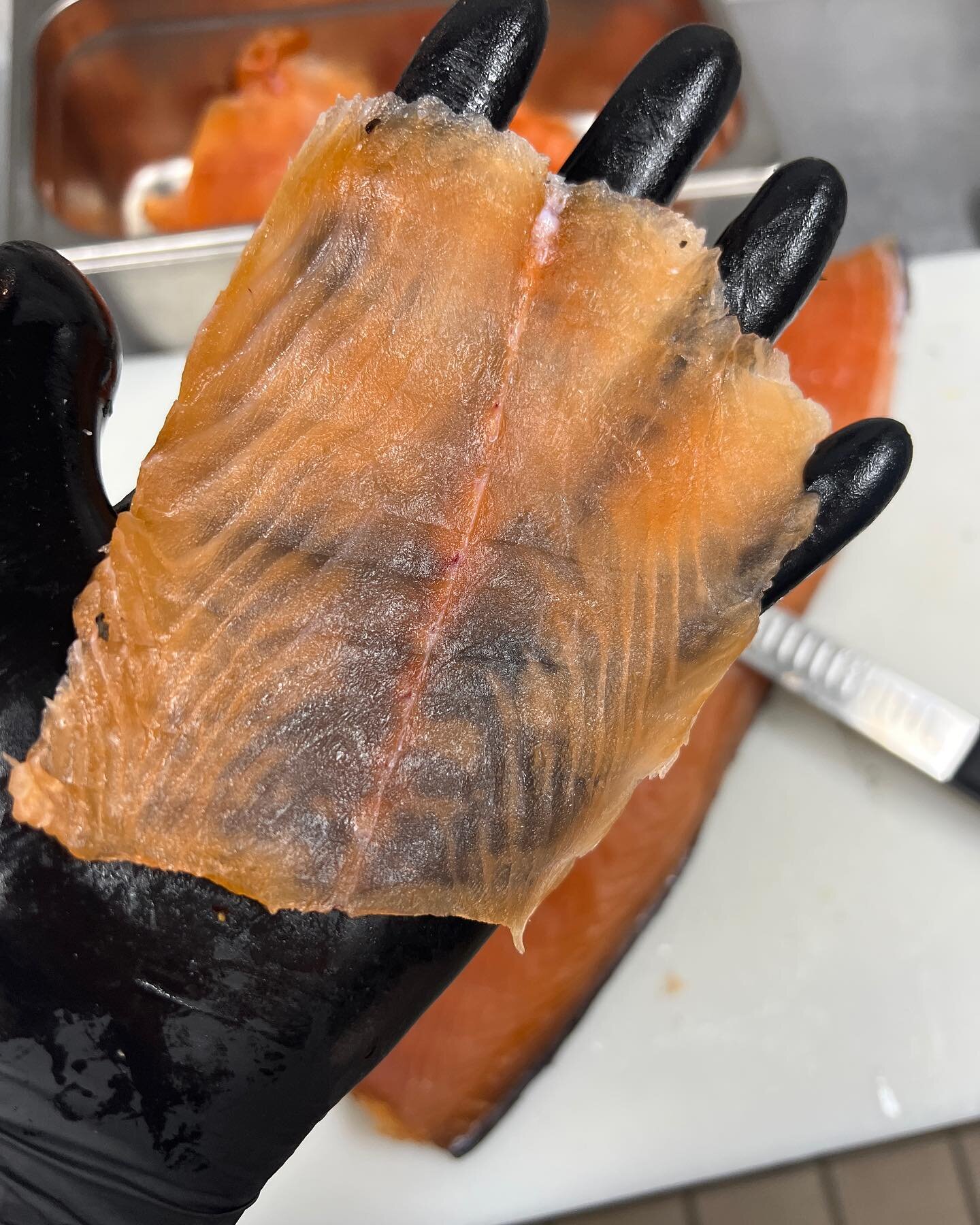 Our Lox starts with whole sides of Salmon. After breaking it down we cover it in a salt &amp; sugar cure and let it sit for 3 days. Once the Lox is cured perfectly, we rinse it and slice it by hand. 
It&rsquo;s a labor of love that we think is worth 