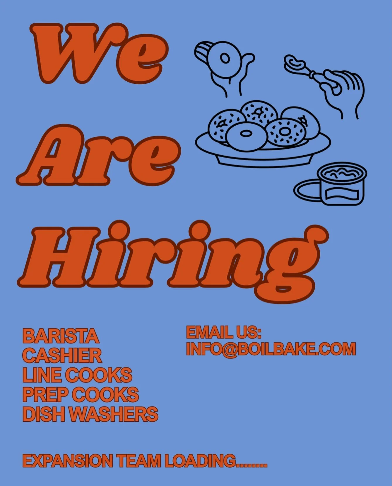 We are coming up on our expansion opening so WE ARE HIRING!
Submit a resume to our email info@boilbake.com
Or 
Come in person and drop one off! We will be having open interviews on Wednesday (7/1) &amp; Thursday (7/2) between 10 am &amp; 2 pm 
.
Can&