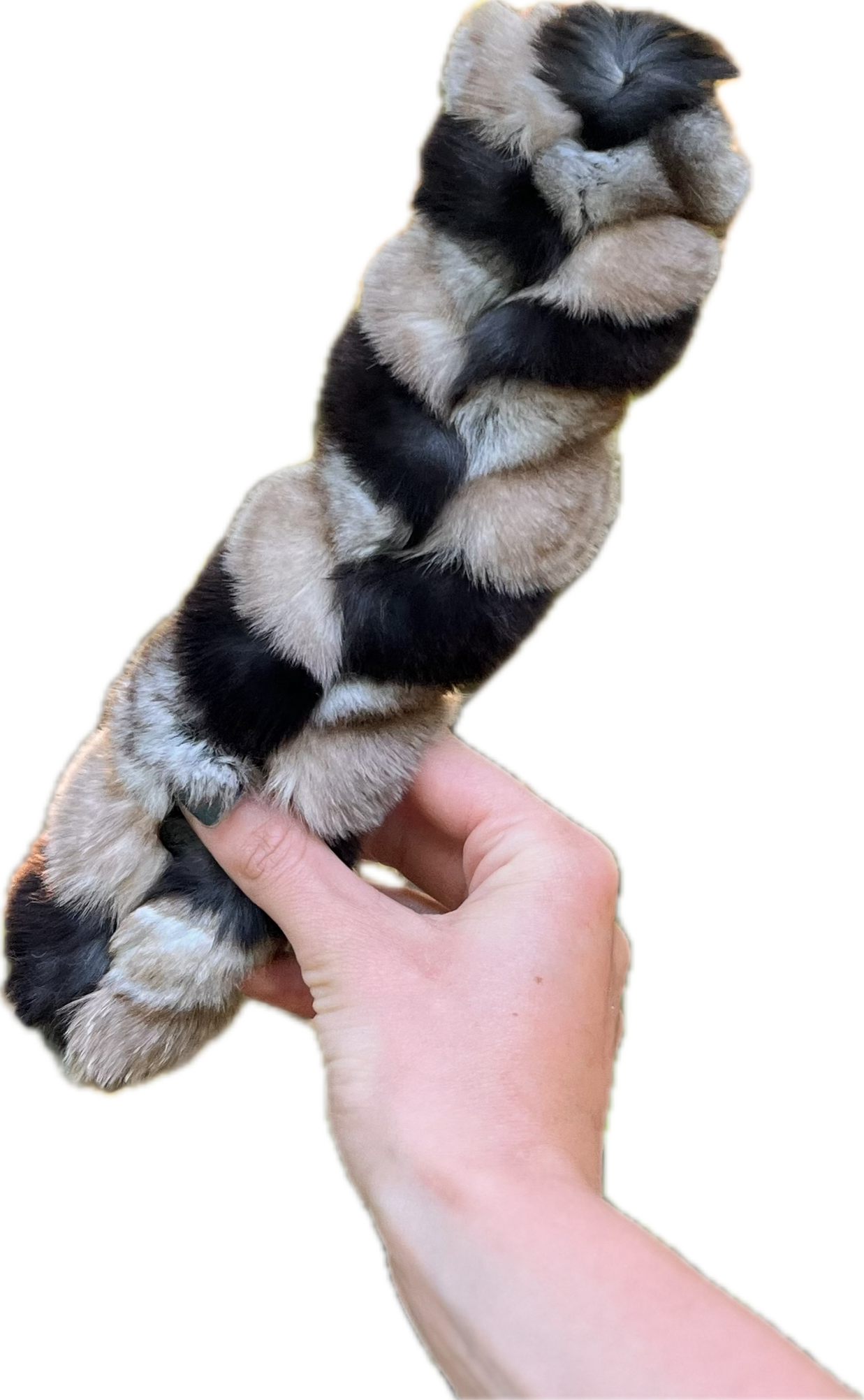 H&N Homestead holding a braided rabbit hide chew for natural dog enrichment