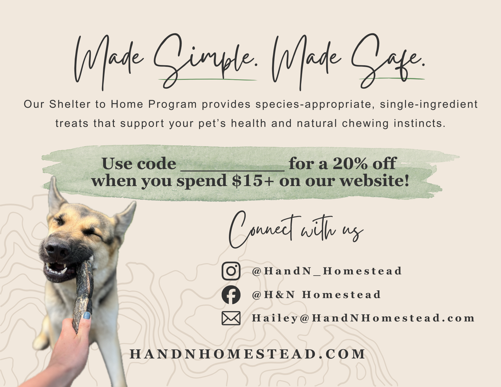 Back of the H&N Homestead Shelter to Home adoption insert with adopter offer details