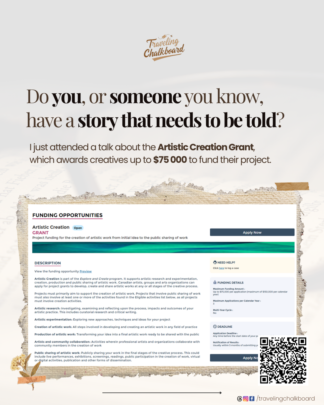 This image discusses the Artistic Creation Grant, a link to the website is in the article below.