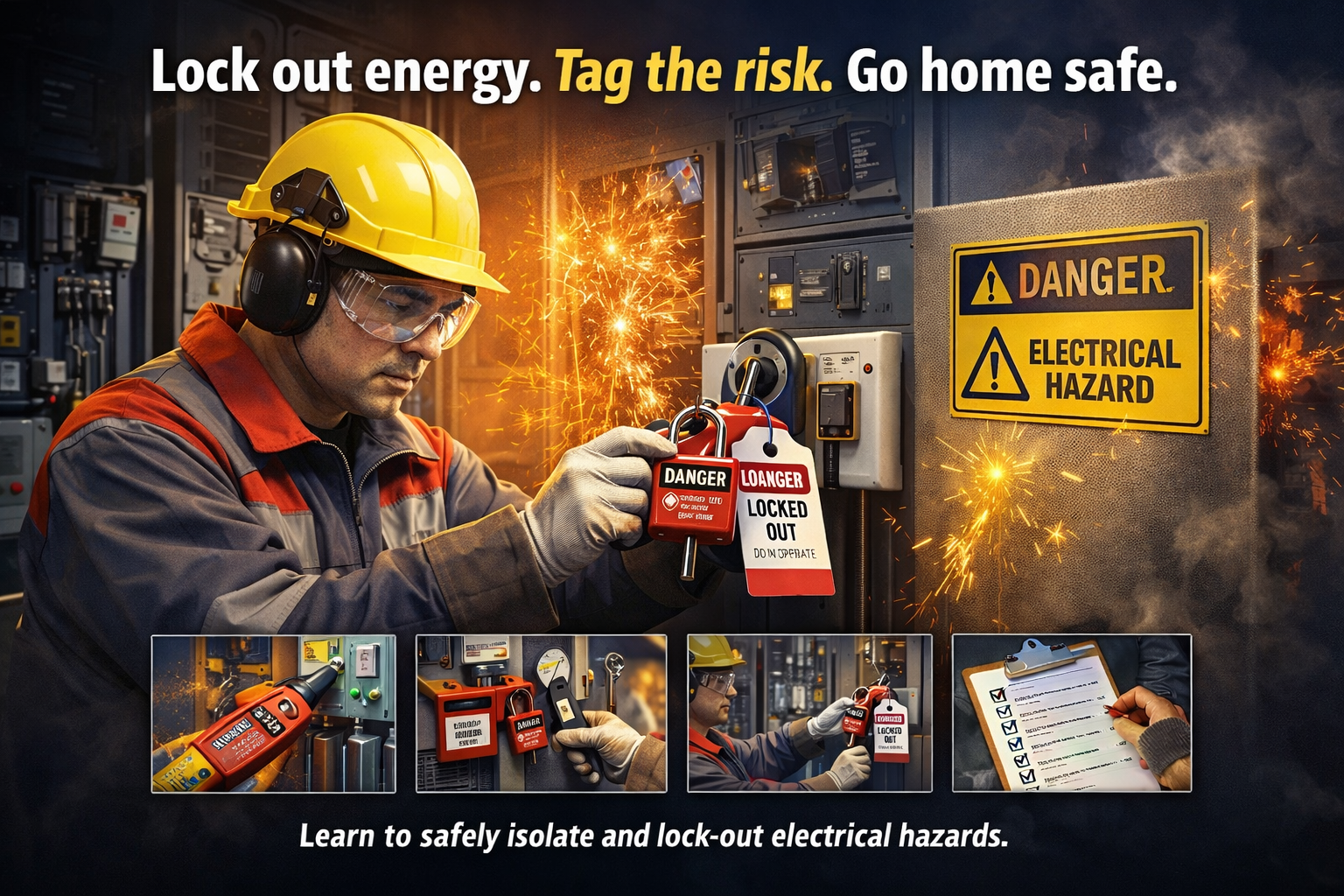 A worker in safety gear locks out electrical equipment to prevent electrical hazards, with warning signs and cross-out tags indicating lockout status.