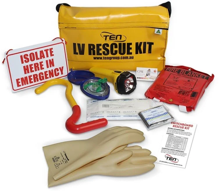 Emergency rescue kit with yellow bag, rescue tools, CPR mask, fire blanket, gloves, and instructional manuals.