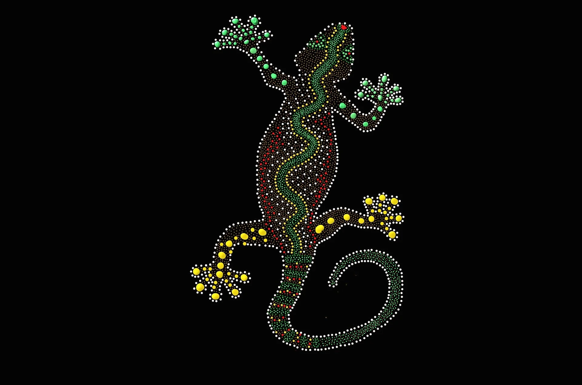 Decorative image of a gecko created with colorful rhinestones on a black background.
