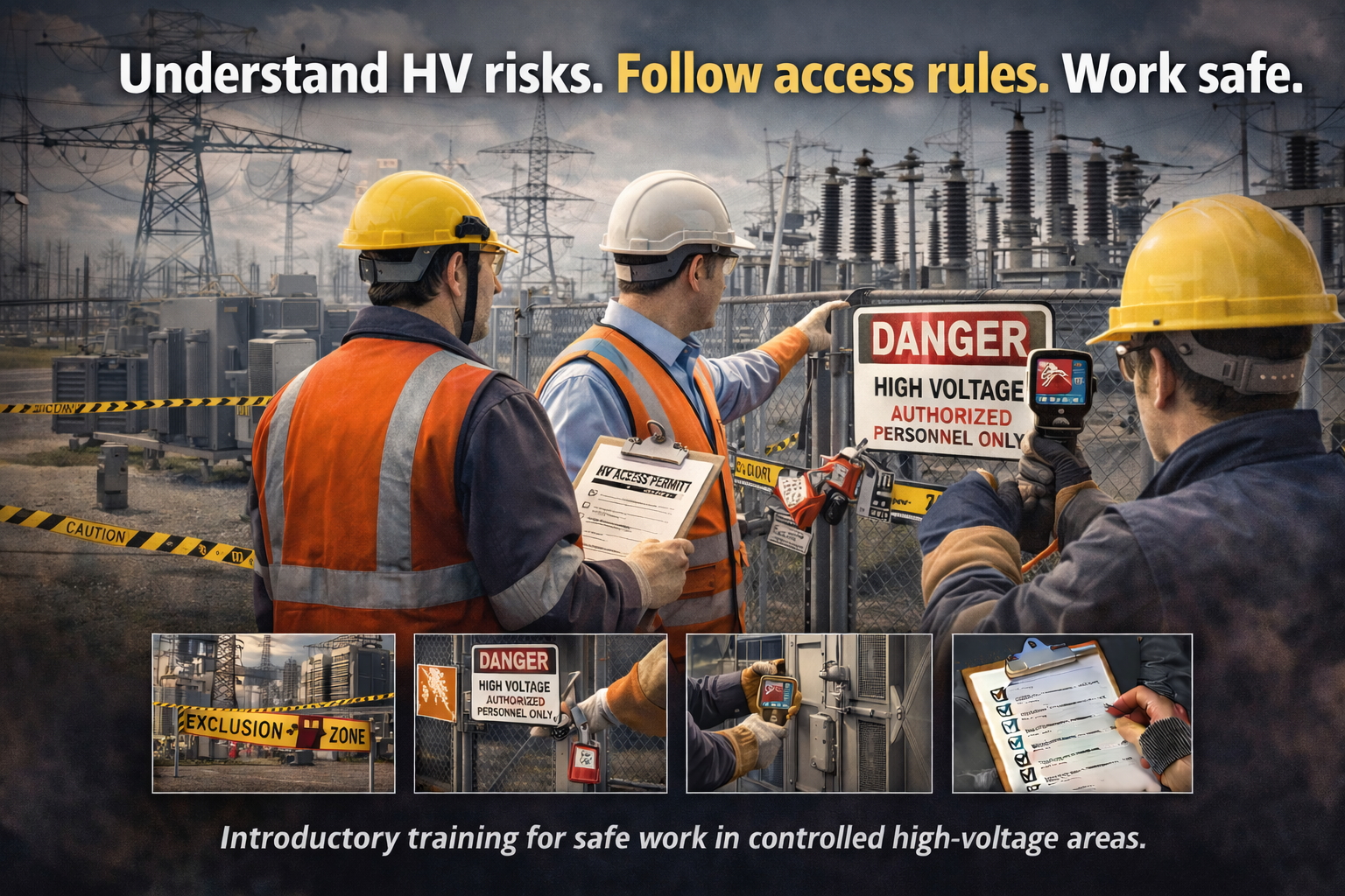 Workers in safety gear conduct hazardous voltage training outside an electrical substation, with warning signs, tape, and equipment.