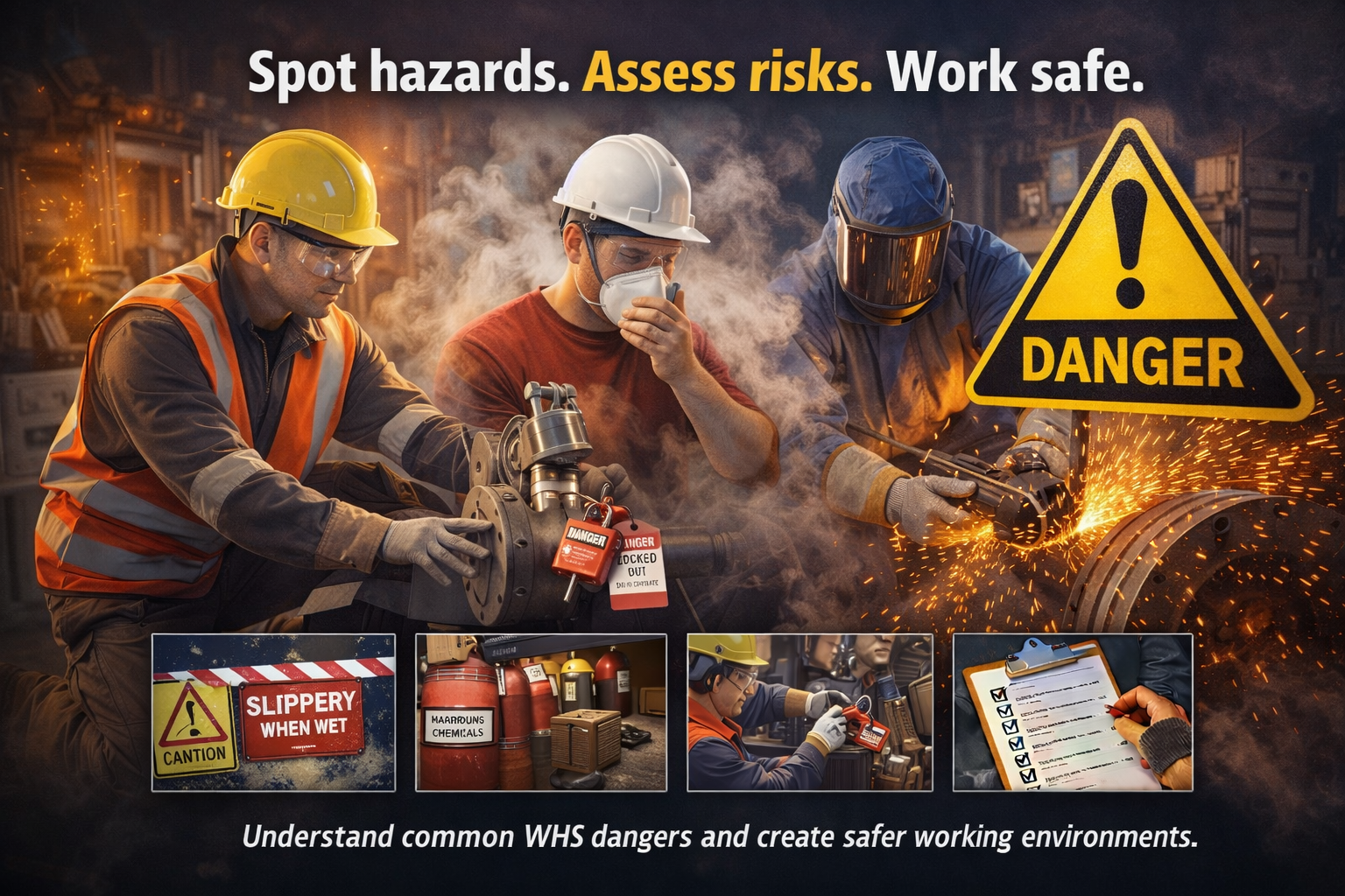 Workers in a manufacturing or industrial environment wearing safety gear such as helmets and gloves, monitoring equipment, and welding sparks. Safety signs warning of hazards, chemicals, and caution are visible, emphasizing hazard awareness and safe work practices.