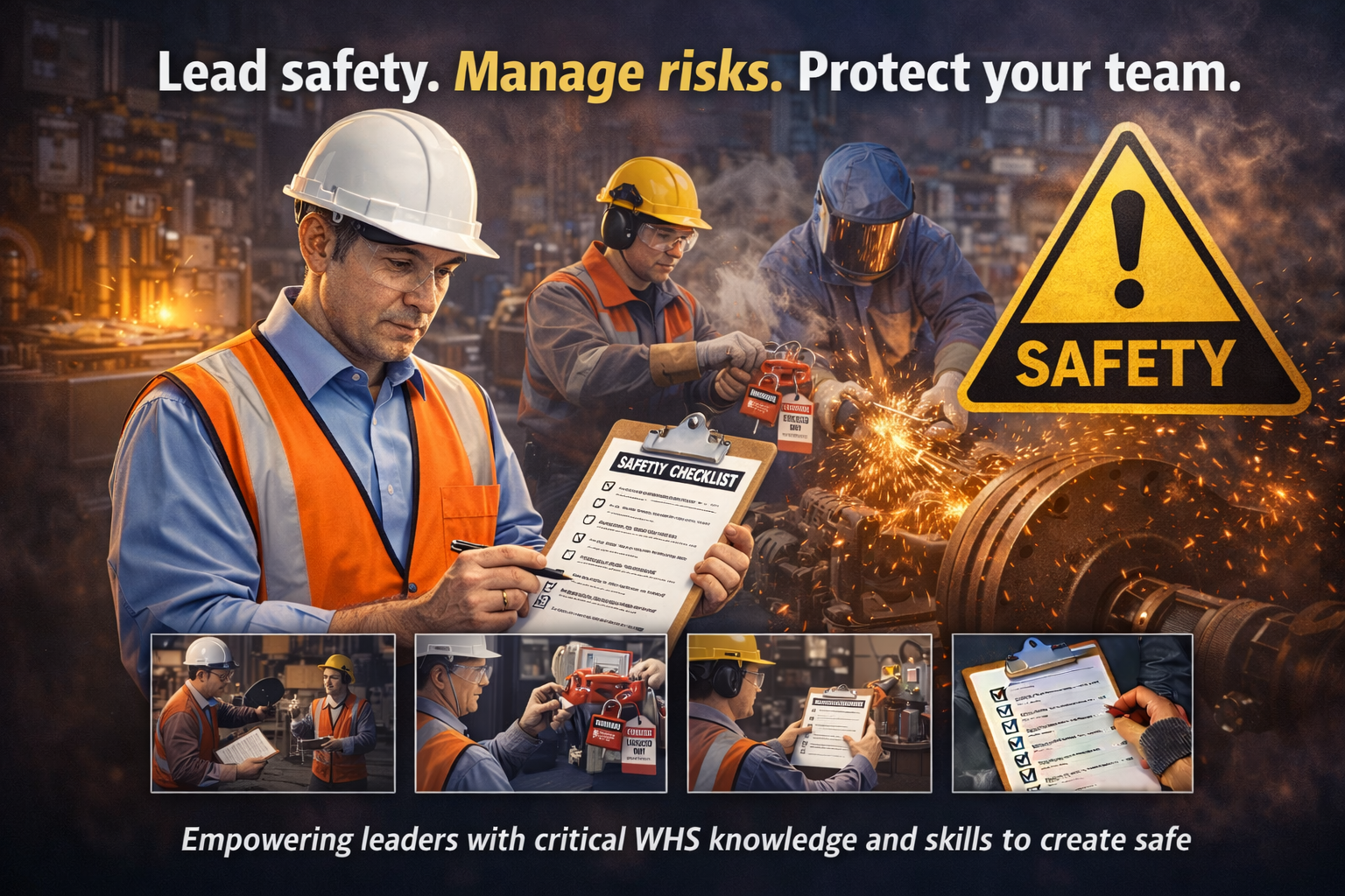 A workplace safety promotional image showing workers wearing protective gear amid an industrial setting with sparks flying. Text overlay includes "Lead safety. Manage risks. Protect your team." and a safety warning triangle. Smaller images at the bottom show workers conducting safety checks, inspections, and using safety equipment. The caption reads "Empowering leaders with critical WHS knowledge and skills to create safe environments."
