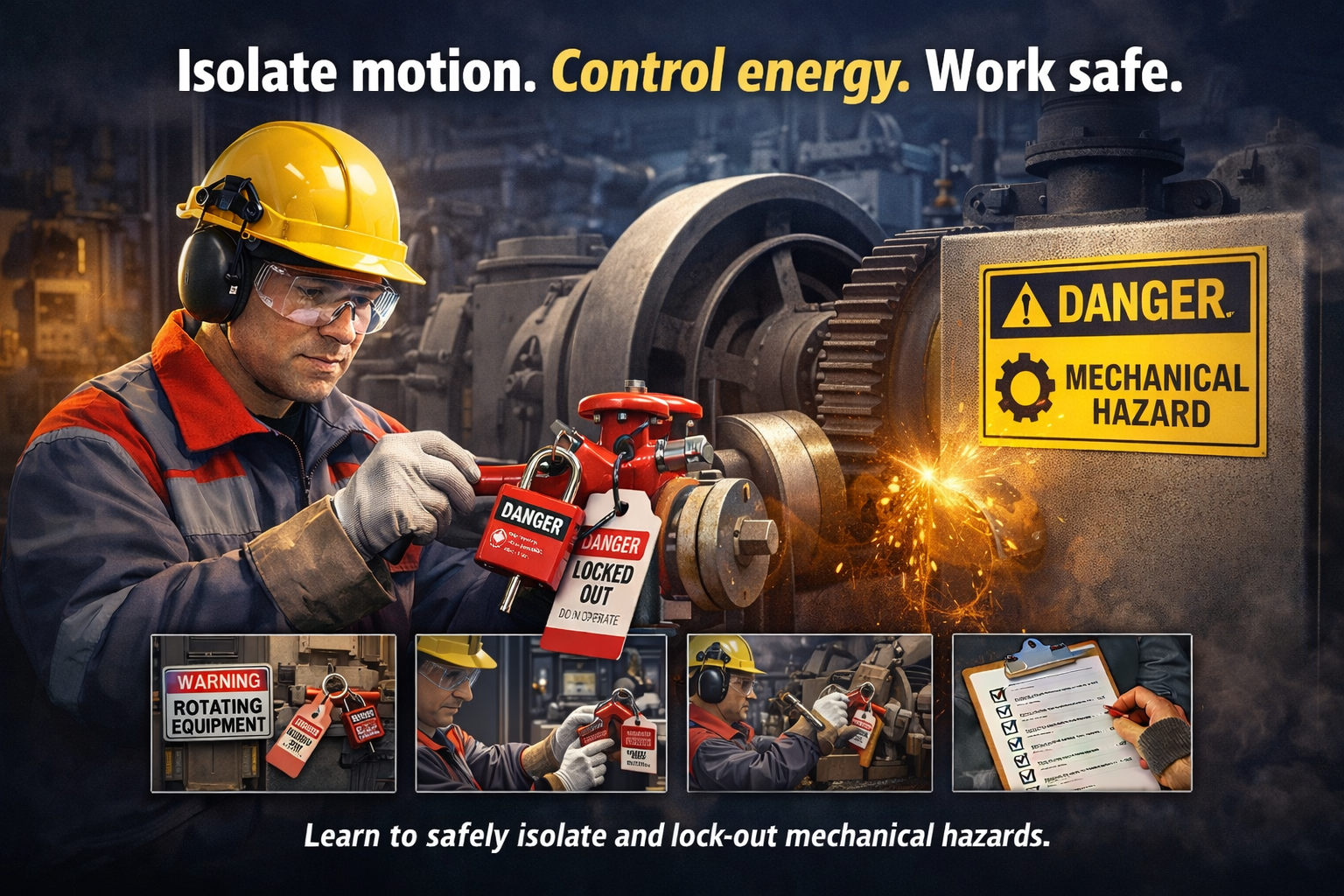 A worker in a safety helmet and protective gear using a tool on a large industrial machine with a warning sign indicating mechanical hazards. Several inset images show safety tags, lockout devices, and a checklist for isolating mechanical hazards, with the message to learn safe lock-out procedures.