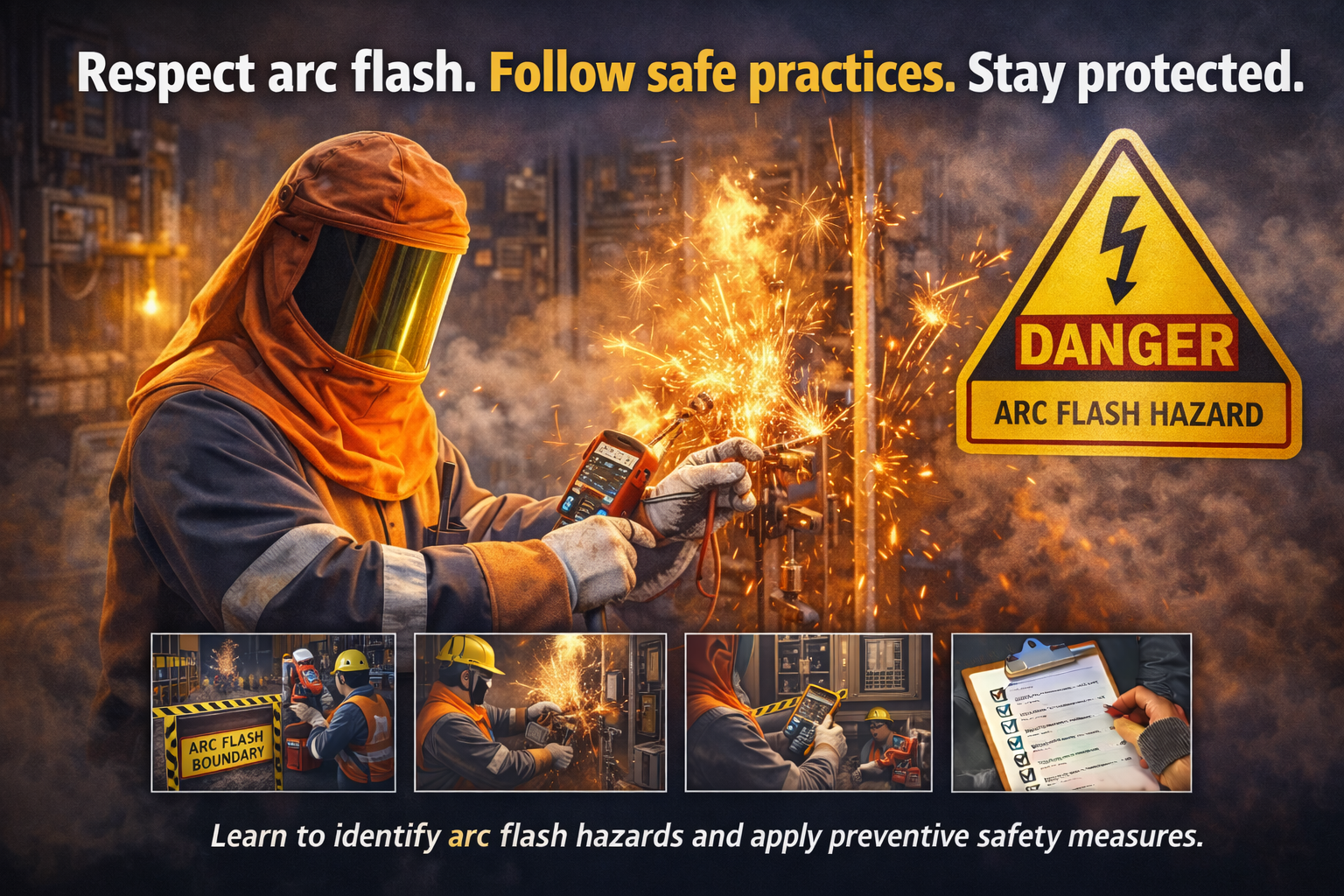 Safety poster warning about arc flash hazards. It features a worker wearing protective gear and sparks flying from electrical work. Large text reads, "Respect arc flash. Follow safe practices. Stay protected." A yellow triangle warning sign with a lightning bolt and the word "DANGER" is included. Smaller images show a worker near an arc flash boundary, inspecting electrical panels, recording safety checks, and a checklist for safety procedures. The poster emphasizes learning to identify arc flash hazards and applying safety measures.