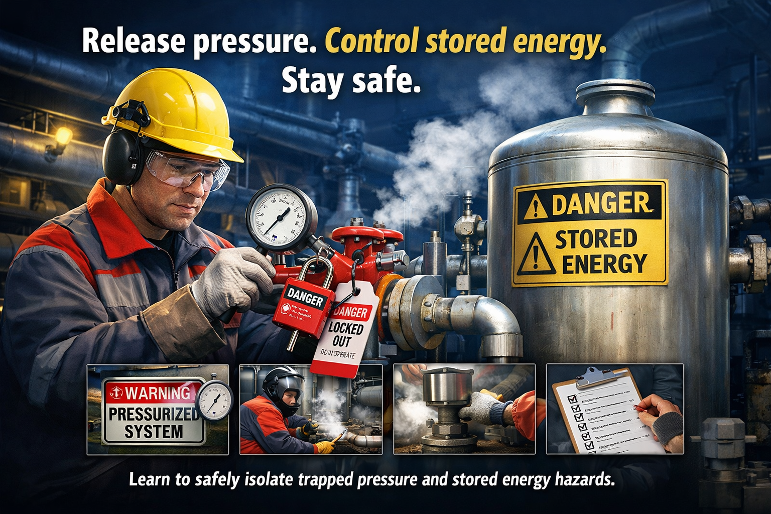 A worker in safety gear operating a pressure control valve in an industrial setting with warning signs indicating danger, trapped energy, and a pressurized system. Additional inset images show safety procedures like using protective equipment, troubleshooting, and safety checklists.