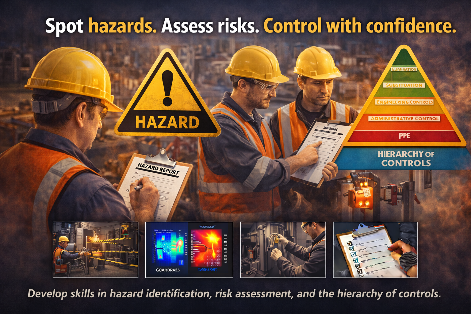 Construction workers in safety gear reviewing hazard reports and risk assessments on a construction site, with visual aids including a hazard sign, a hierarchy of controls diagram, thermal images, and images of safety procedures.
