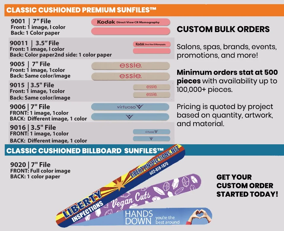 SunFiles™ creates premium custom-printed full-color nail files for salons, spas, brands, events, promotions, corporate gifts, and private-label programs.