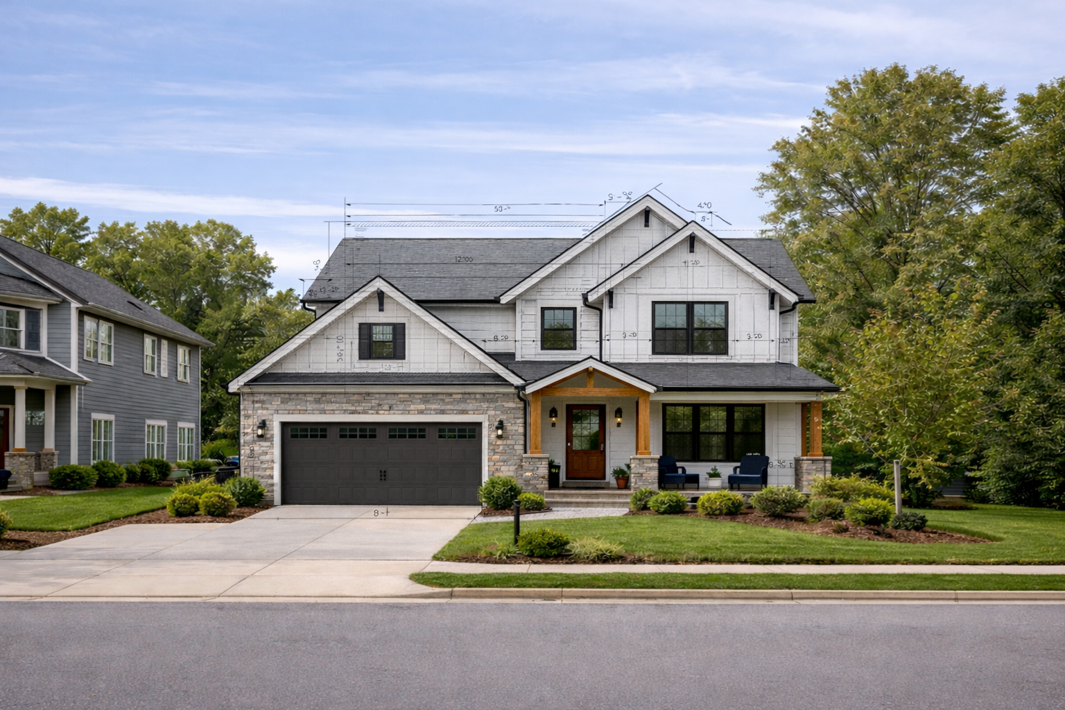 Newly constructed two-story house with a mix of stone and white siding, black garage door, front porch with wood accents, surrounded by green lawn and trees.