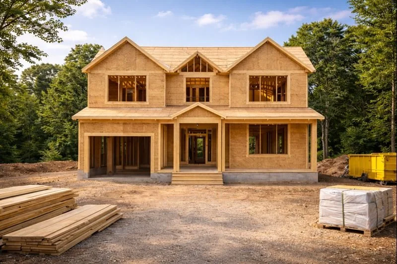 A two-story house under construction with exposed wooden framing, located in a wooded area with trees in the background.
