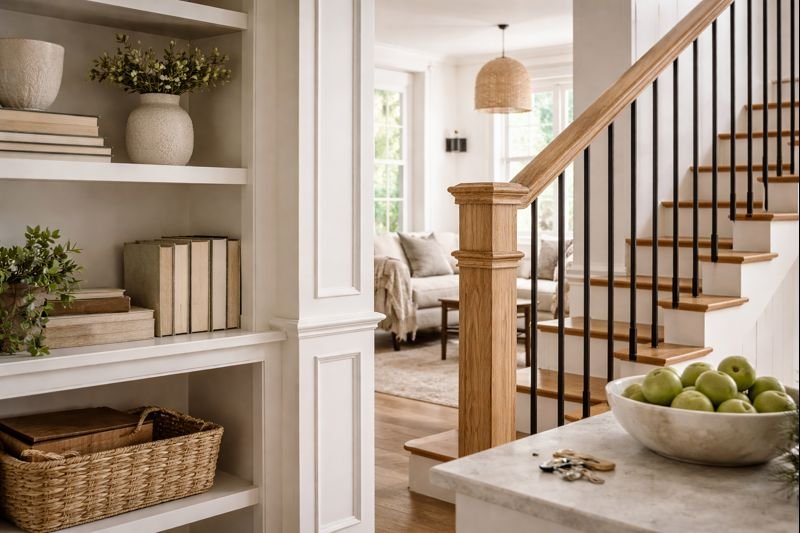 Interior view of a living room and staircase in a home, with decorative shelves, a bowl of green apples, and keys on a table.