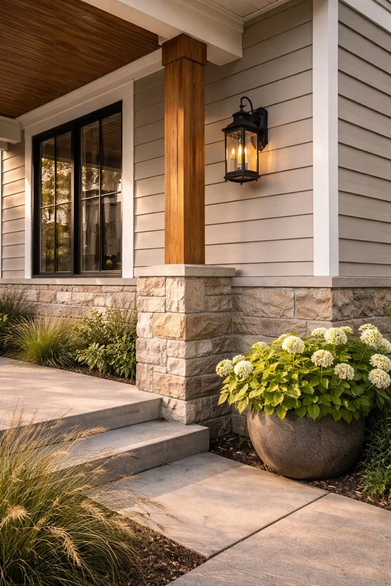 Exterior of a house showing a porch with stone steps, a wooden support column, sliding glass door, and a wall-mounted lantern light. There is a large potted plant with white flowers and green foliage, along with various garden plants in front.