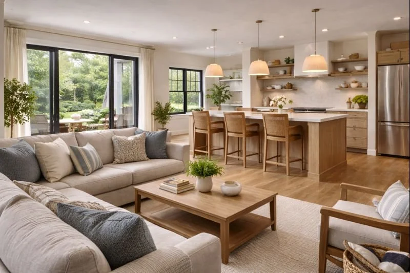 Bright open-concept living room and kitchen with large windows, beige sofas with pillows, wooden coffee table, and kitchen area with island, four chairs, shelves, and pendant lighting.