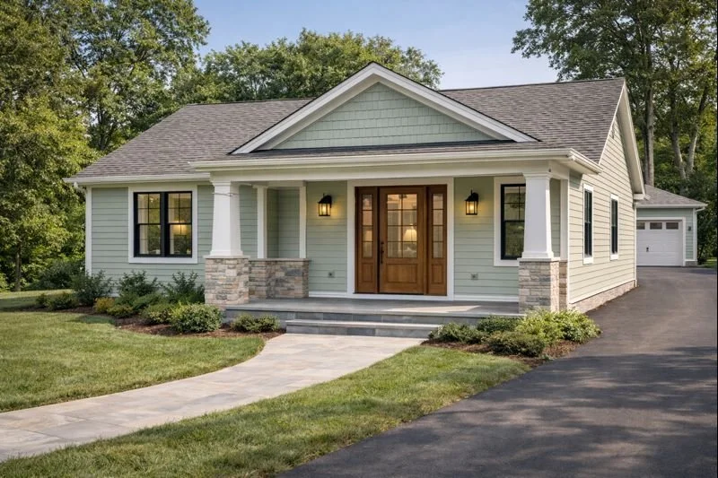 Front view of a single-story house with a gabled roof, light green exterior, and stone accents on the porch supports. There is a wooden front door, two lantern-style lights, a curved concrete walkway, a driveway, and a garage in the background. The house is surrounded by green lawn and trees.