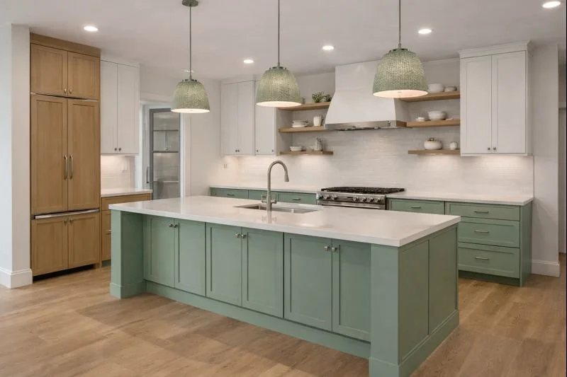 Modern kitchen with light-colored cabinets, a large island with a sink, wooden open shelves, and a stainless steel stove.