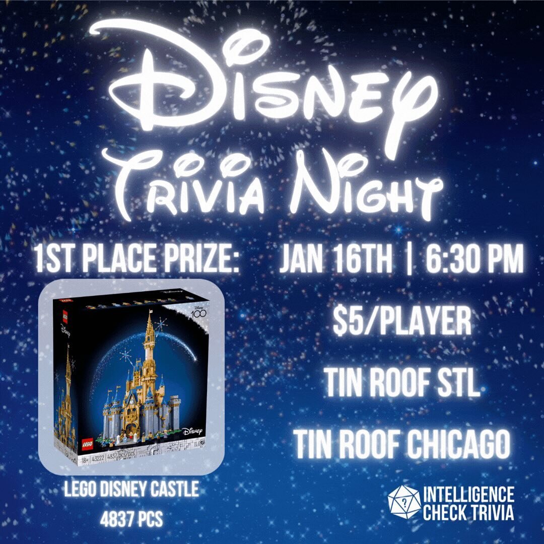 📽️ Coming Soon to a Tin Roof Near You 📽️

Join us at @tinroofchicago and @tinroofstlouis on January 16th for Disney Trivia!

1st Place Prize: LEGO Disney Castle (Over 4,800 pcs!)

Sign up now to reserve your table!