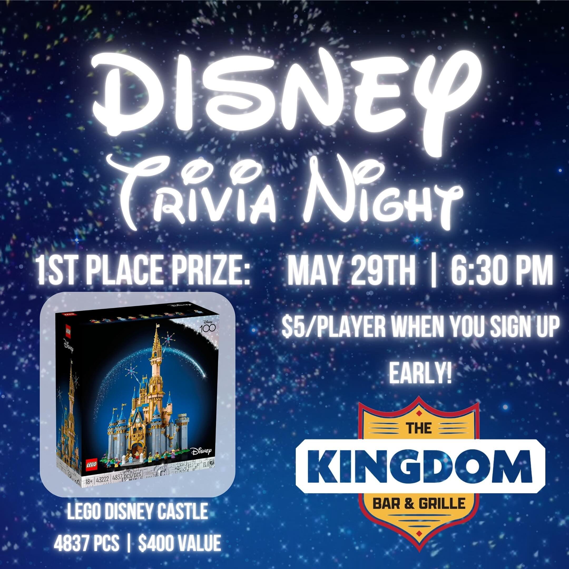 PRIZE ALERT: LEGO Disney Castle - $400 Value!

Sign up now for Disney Trivia at The Kingdom Bar and Grille and save 50% on your tickets!