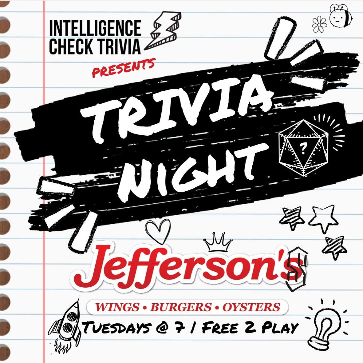 Join us TUESDAYS at @jeffersonsnkc for Intelligence Check Trivia with @sammysanchez1123! Starting next Tuesday, December 3rd! #trivia #kctrivia #jeffersonsnkc #intelligencechecktrivia