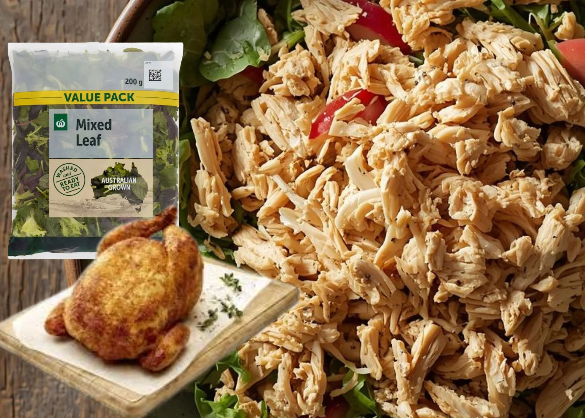 A quick high-protein salad made with rotisserie chicken and bag salad,