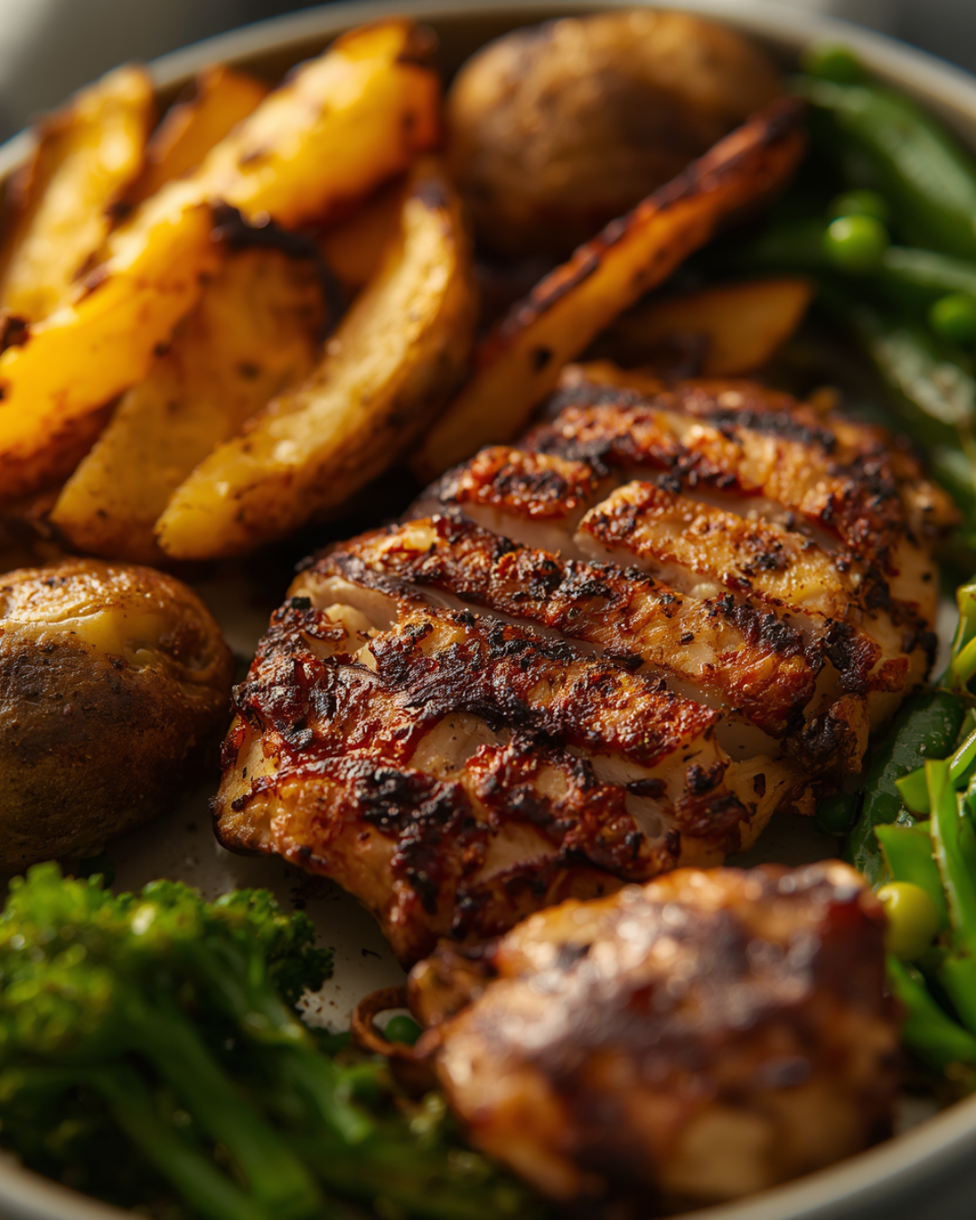Grilled chicken, wedges &amp; steamed veg