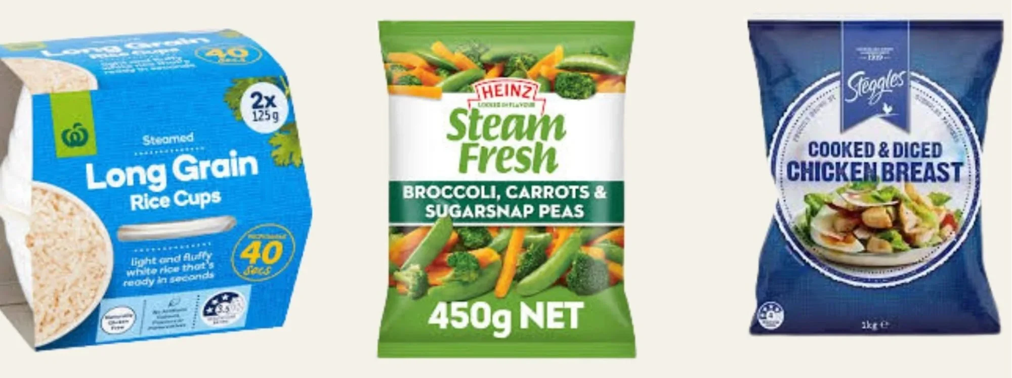 Convenience foods such as pre-cut vegetables and microwave grains for easy meal prep.