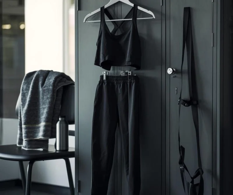 Black gym clothes folded neatly — symbolizing simplicity and control during perimenopause.