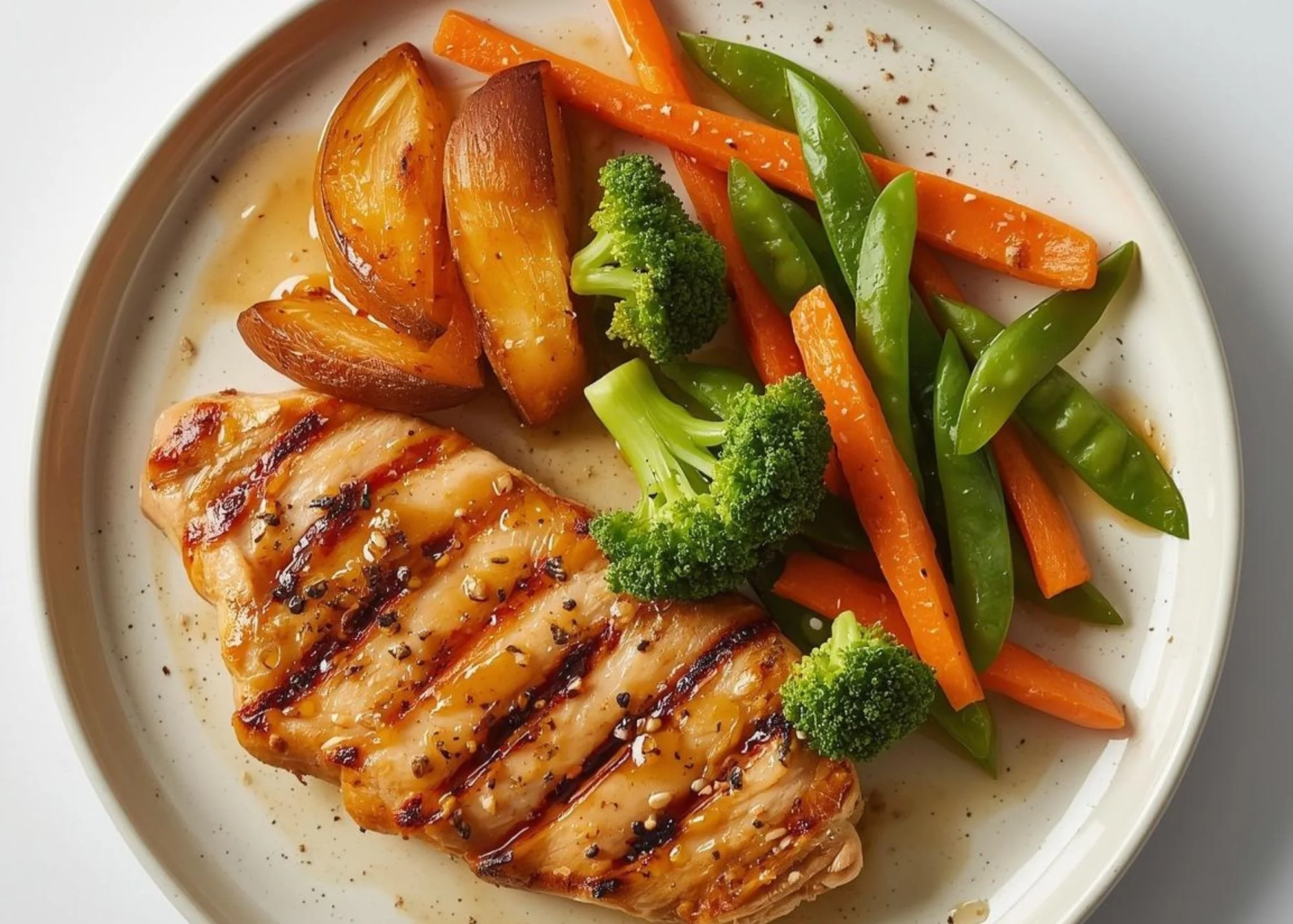 quick high protein dinner plate of chicken, potato and steamed vegetables