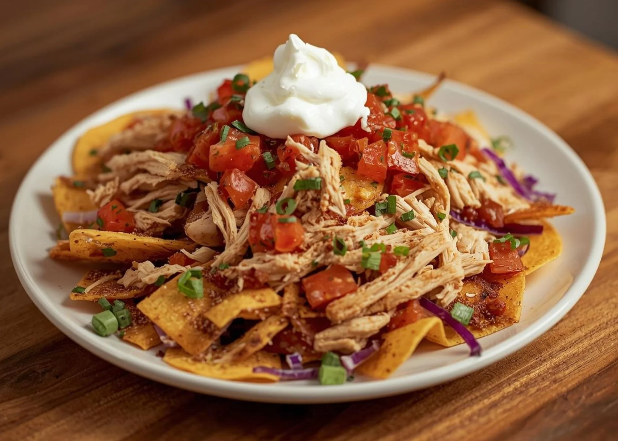 Easy high-protein nachos made with corn chips, shredded chicken, salsa, and Greek yoghurt.